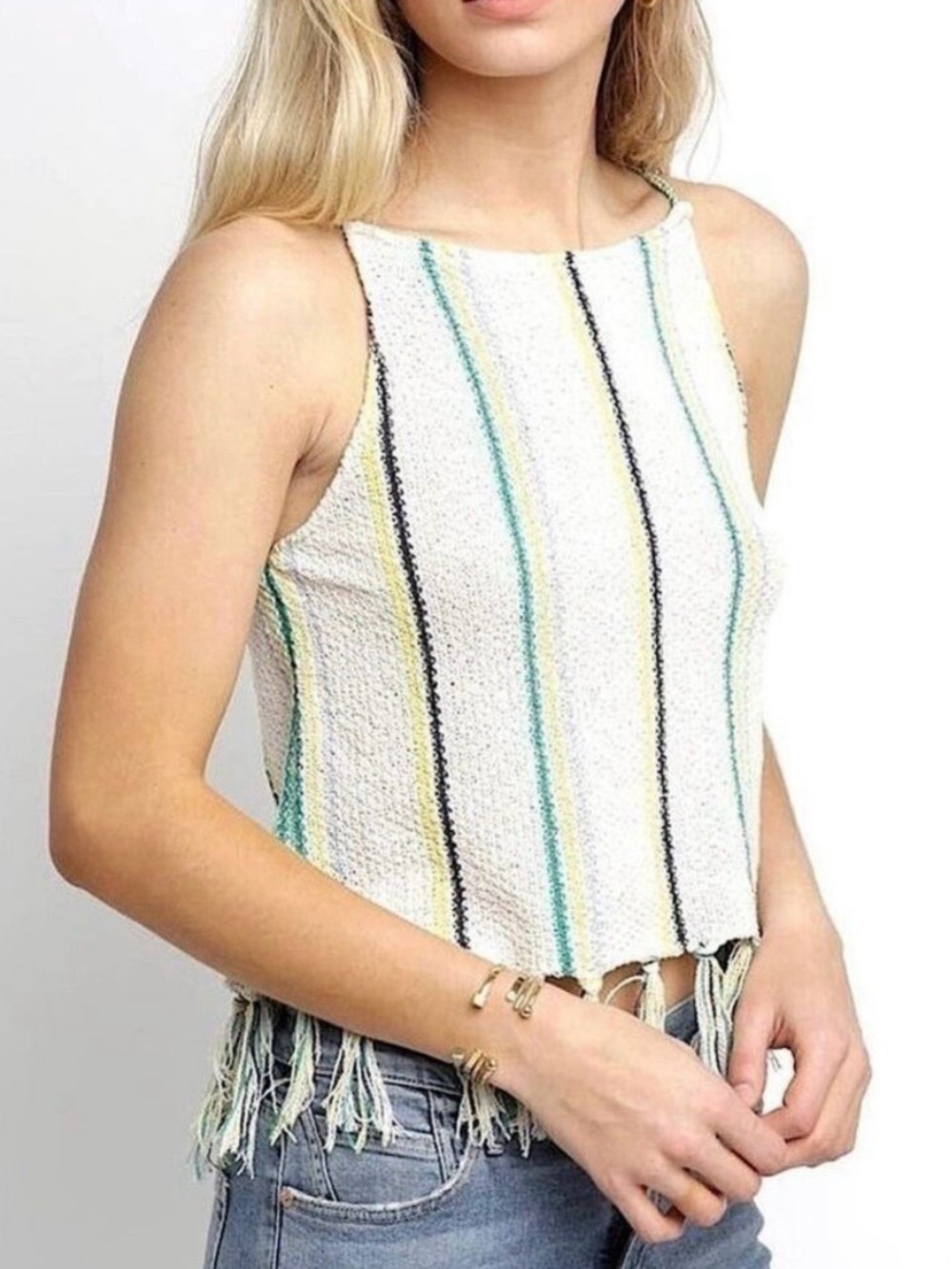 Cupcakes & Cashmere Cecille Striped Crochet Fringe Top